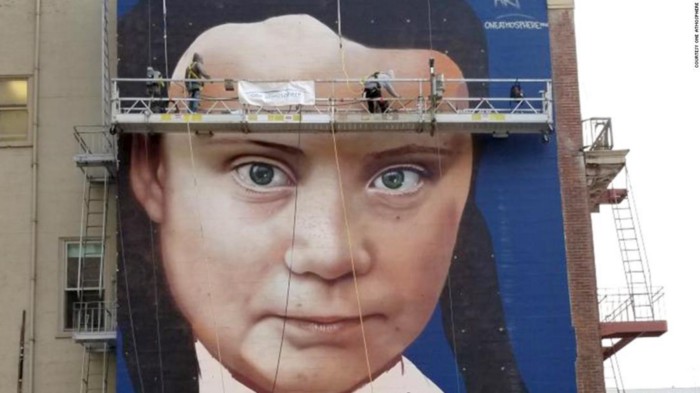 Greta Thunberg mural in downtown San Francisco.